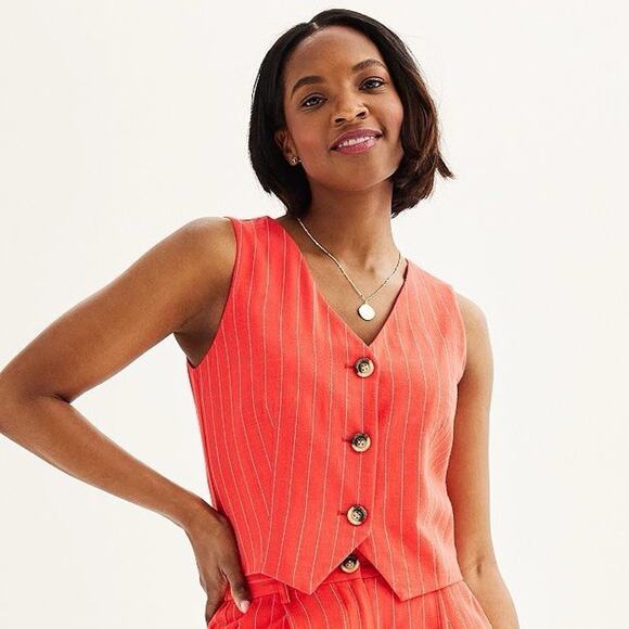 Draper James Linen Vest Red Stripe V-neck Button Front Linen Blend Size XL - Picture 1 of 6